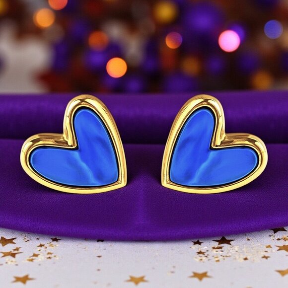 🆕 Royal Blue Enamel Heart Stud Earrings Gold Tone Statement Cute Gift Teen Girl - Picture 10 of 13